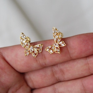 Cubic Zirconia Butterfly Stud Earrings - 18K Gold Plated Butterfly Win Studs - unique earrings, butterfly earrings, gold butterfly studs