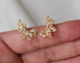 Cubic Zirconia Butterfly Stud Earrings - 18K Gold Plated Butterfly Win Studs - unique earrings, butterfly earrings, gold butterfly studs