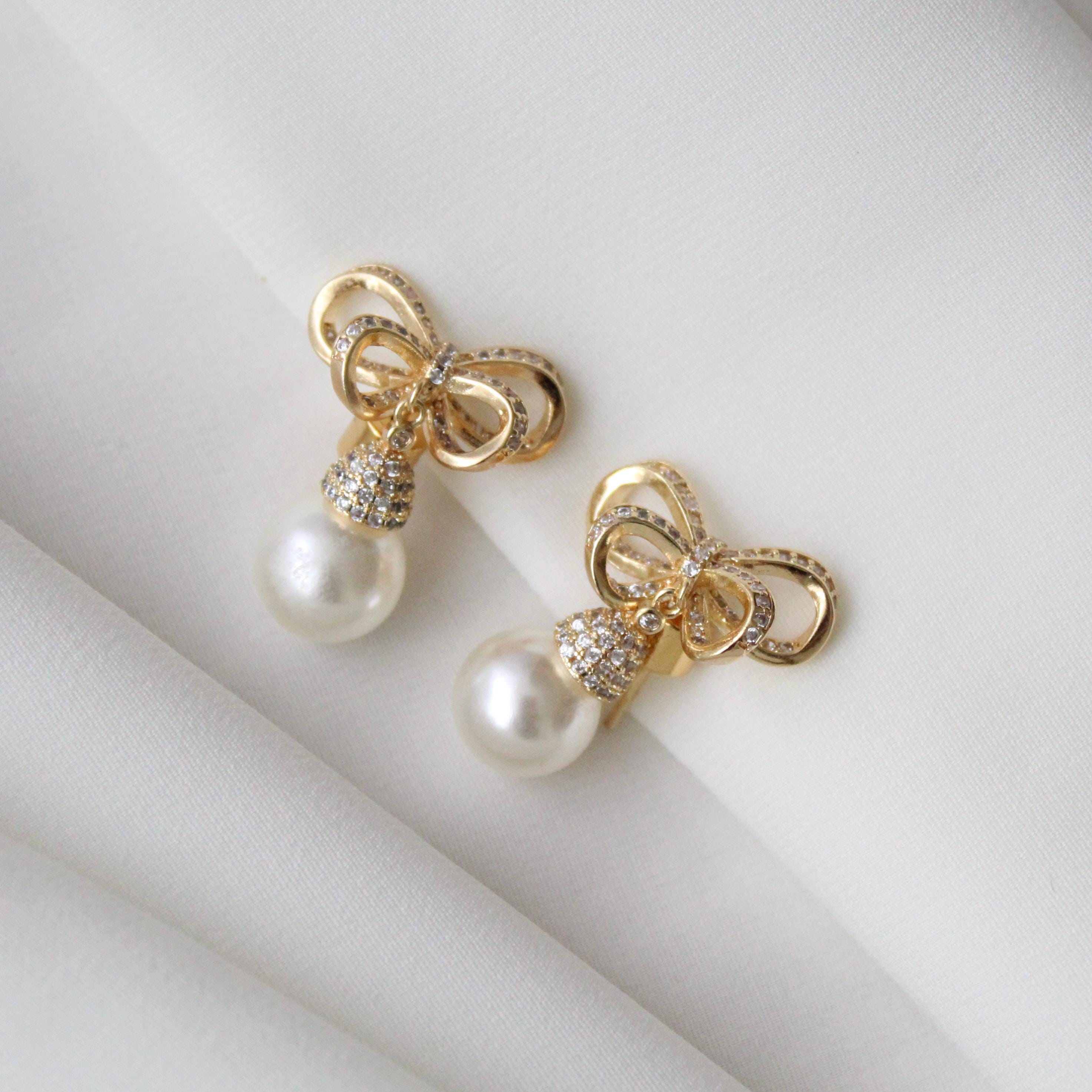 Pearl Bow Drop Stud Earrings With Cubic Zirconia- Dangle
