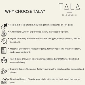 May include: A graphic with the text "WHY CHOOSE TALA?" and "TALA GOLD JEWELRY" with a list of reasons to choose TALA jewelry. The reasons include real gold, affordable luxury, styles for every moment, material excellence, fast and safe delivery, custom orders welcome, and timeless beauty.