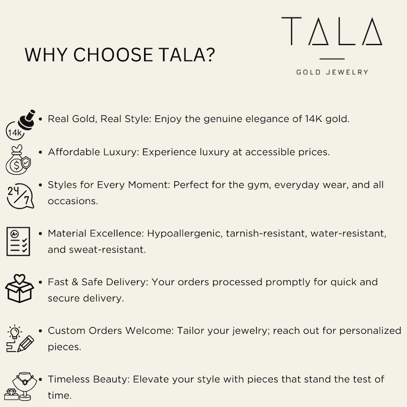 May include: A graphic with the text "WHY CHOOSE TALA?" and "TALA GOLD JEWELRY" with a list of reasons to choose TALA jewelry. The reasons include real gold, affordable luxury, styles for every moment, material excellence, fast and safe delivery, custom orders welcome, and timeless beauty.