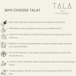 Peut inclure: Un graphique avec le texte "WHY CHOOSE TALA?" et "TALA GOLD JEWELRY" avec une liste de raisons de choisir les bijoux TALA. Les raisons incluent : Or v&eacute;ritable, style v&eacute;ritable, luxe abordable, styles pour chaque moment, excellence des mat&eacute;riaux, livraison rapide et s&eacute;curis&eacute;e, commandes personnalis&eacute;es bienvenues et beaut&eacute; intemporelle.