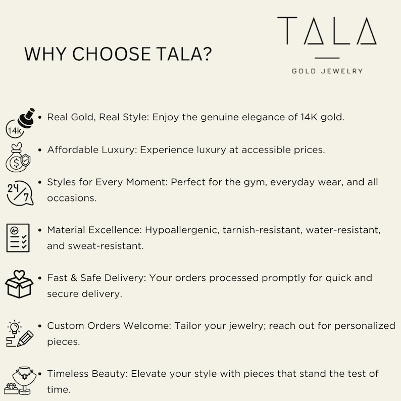 Peut inclure: Un graphique avec le texte "WHY CHOOSE TALA?" et "TALA GOLD JEWELRY" avec une liste de raisons de choisir les bijoux TALA. Les raisons incluent : Or v&eacute;ritable, style v&eacute;ritable, luxe abordable, styles pour chaque moment, excellence des mat&eacute;riaux, livraison rapide et s&eacute;curis&eacute;e, commandes personnalis&eacute;es bienvenues et beaut&eacute; intemporelle.