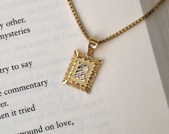 14k Small Yellow Gold Framed Initial Necklace Charm, 14k Small Yellow Gold Framed Initial Pendant, Gold Initial Pendant, 14K Gold Pendant