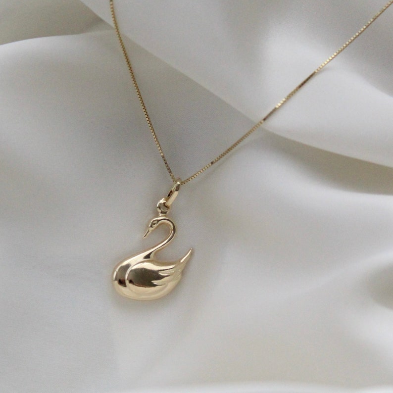 14k solid gold Swan Necklace, 14k solid gold Swan Pendant with Box chain, 14K Solid Gold Bird Necklace, Gift for Her, 14K Gold Bird Jewelry image 3
