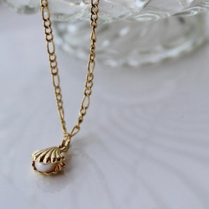 14K Gold Seashell Clam With Pearl Necklace, 14k Gold open seashell Pendant, Pearl Pendant, 14K Gold Shell Necklace, Pearl Necklace Charm