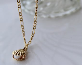 14K Gold Seashell Clam With Pearl Necklace, 14k Gold open seashell Pendant, Pearl Pendant, 14K Gold Shell Necklace, Pearl Necklace Charm