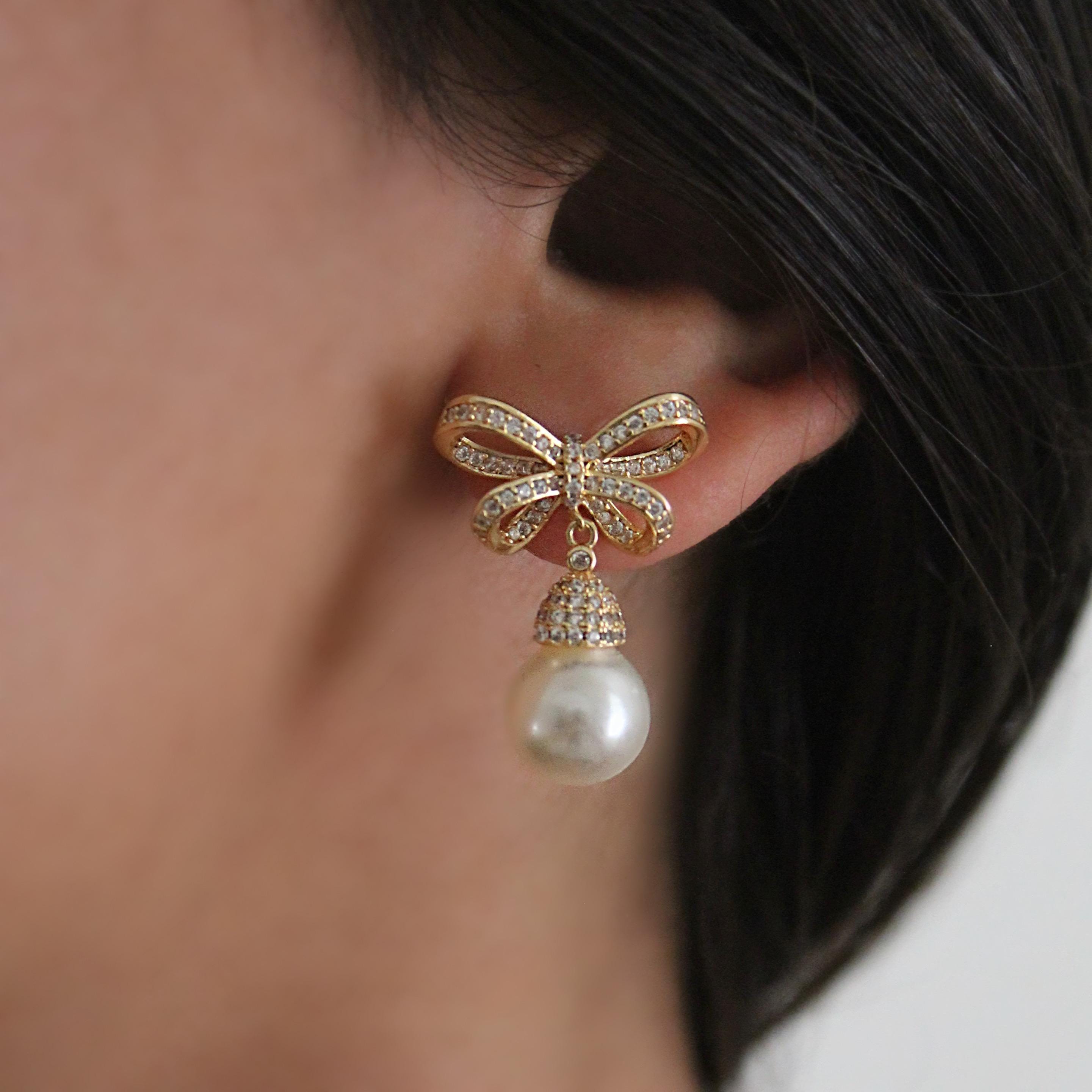 Pearl Bow Drop Stud Earrings With Cubic Zirconia- Dangle