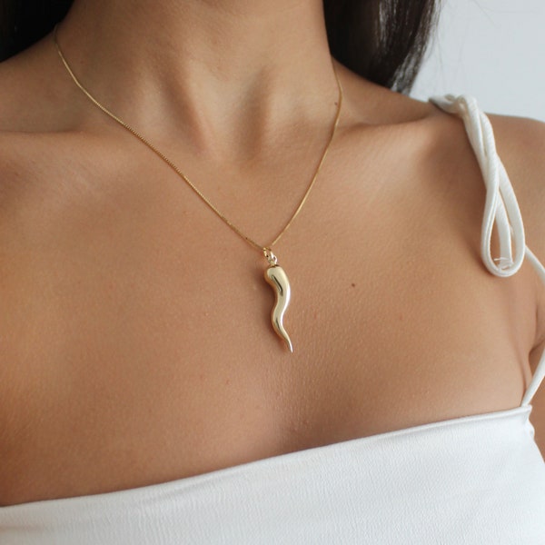 14K Gold Cornicello Charm - Gold Italian Horn Pendant - Symbol of Protection & Good Luck Present