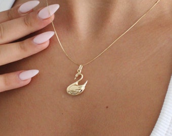 14k solid gold Swan Necklace, 14k solid gold Swan Pendant with Box chain, 14K Solid Gold Bird Necklace, Gift for Her, 14K Gold Bird Jewelry