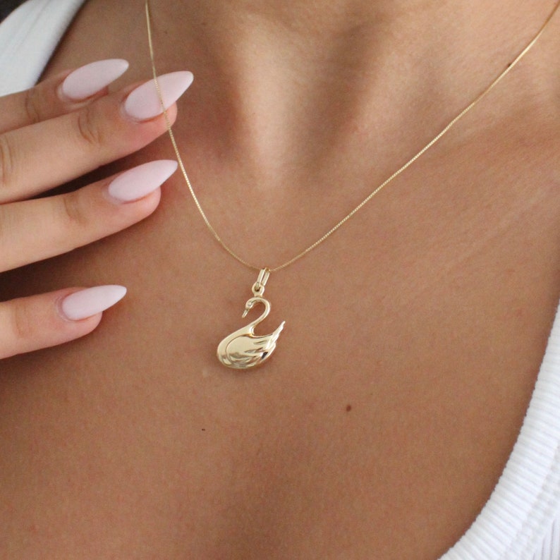 14k solid gold Swan Necklace, 14k solid gold Swan Pendant with Box chain, 14K Solid Gold Bird Necklace, Gift for Her, 14K Gold Bird Jewelry image 1