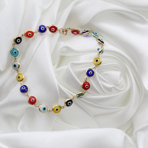 14K Evil Eye Bracelet, 14K Solid Gold Evil Eye Bracelet, Colorful Enamel Evil Eye, Mothers Day Gift, Dainty Layering Evil Eye Bracelet