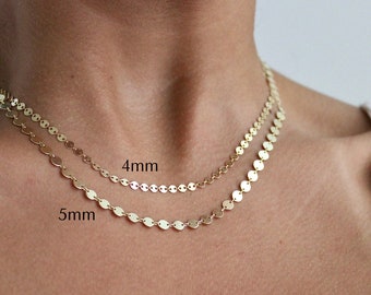 Solid 14K Gold Chain Choker Mirror Link Chain, 4mm & 5mm Gold Mirror Chain, Solid Gold Mirror Chain, 14kt Ladies Dainty Gold Chain