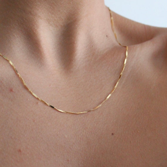 14K Solid Gold Twisted Bar Link Chain, Singapore Chain Gold