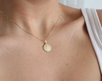 14K Solid Gold Coin Necklace - Medallion Necklace - Guardian Angel Necklace - Gold Box Chain Necklace