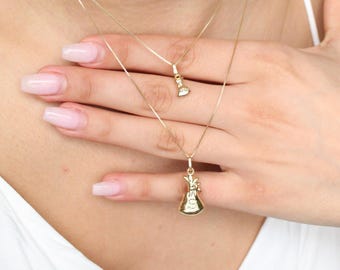 Solid 14k Yellow Gold Money Bag Necklace, 14K Gold Money Bag Pendant Necklace,