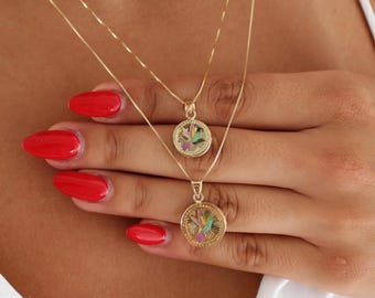 14K Solid Gold Small Soar Bird Necklace, Delicate Gold Necklace, 14K Yellow Gold Flying Dove Bird Charm Necklace, Dainty Layering Jewelry