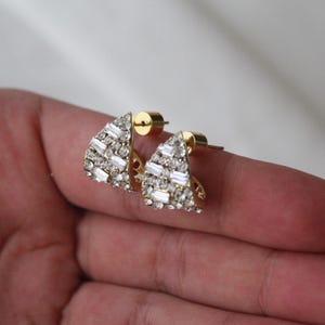 Diamond Tear Drop Studs in 18k Gold Plated - Curved Triangle Earrings with diamonds - halo earring, Fancy Stud Earrings, Statement Earrings