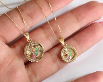 14k Gold Diamond Hummingbird Necklace: Petite Bird Pendant, Hummingbird Medal Necklace