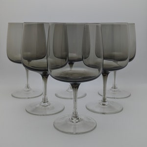 8 Vintage Smoky Gray Crystal Water Goblets / Wine Glasses
