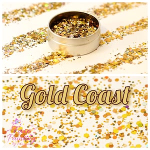 GOLD/BRASS/YELLOW Chunky Festival Glitter Mix ‘Gold Coast’. Holographic Metallic, Resin, Art, Nail, Craft, Body. Pet grade