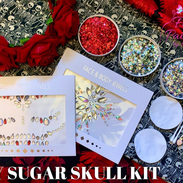 DIY SUGAR SKULL Kit. Gezicht Juwelen/Glitter/Bling. Halloween, Make Up, knutsel kit. Dag van de doden, verkleedpartij/cosplay/danser/club. Skelet.