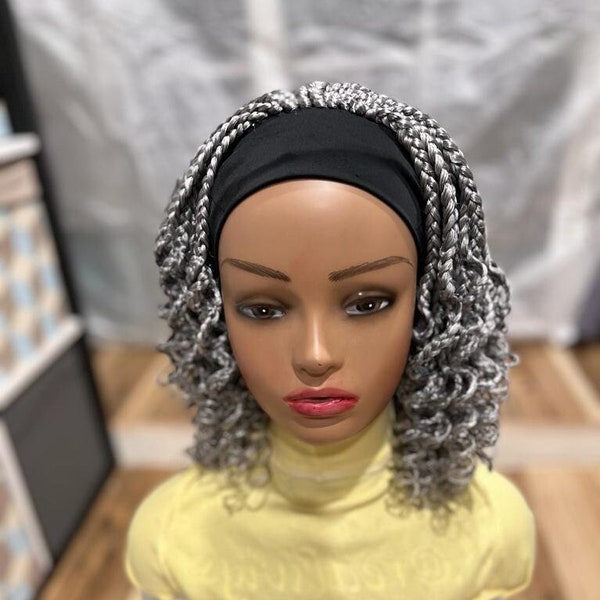 ElegantWigs 16" Gray Headband Box Braided Wig with Curly Tips  *Ready To Ship* *Just As Pictured*