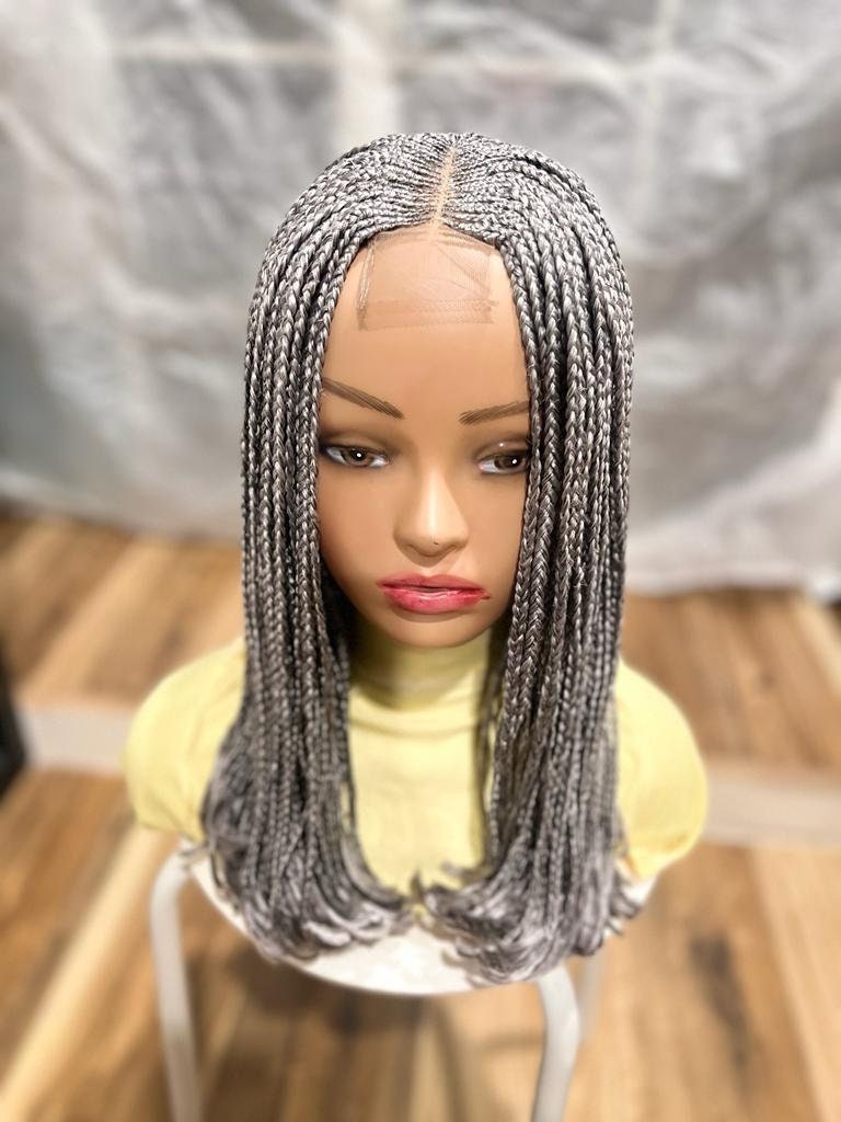 24" Gray Box Braided Wig with Curled Tips, Half Closure, Handmade