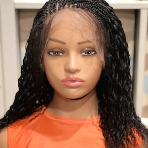 20-Inch Black Braided Water Wave Wig: Full Lace, Handmade Synthetic Hair