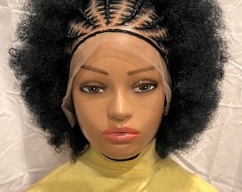 Handmade Black Afro Wig: Cornrow Stitch, Lace Frontal