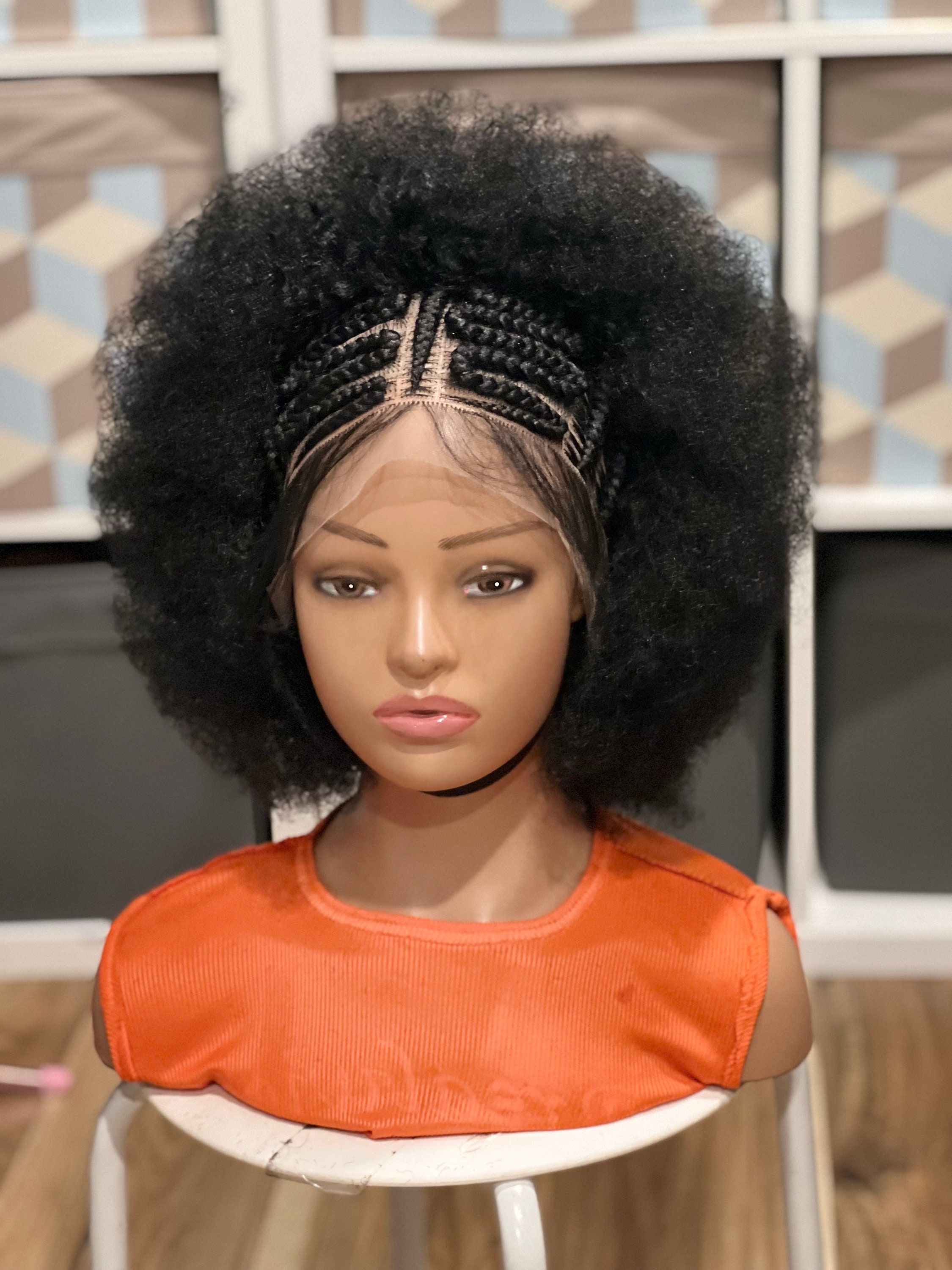 ElegantWigs Black Soft  Afro 4C Wig With Stitch Cornrows Made on a Lace Frontal *Just as Pictured*