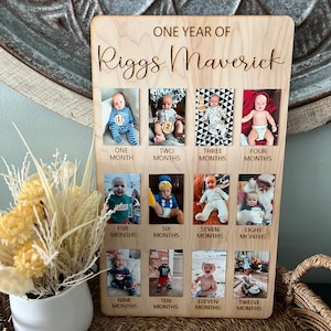First Year Photo Board Baby Birthday Sign Personalized Gift Nursery Boho Decor Photo Display One Year Of Baby 12 Months Pictures 1st Bday
