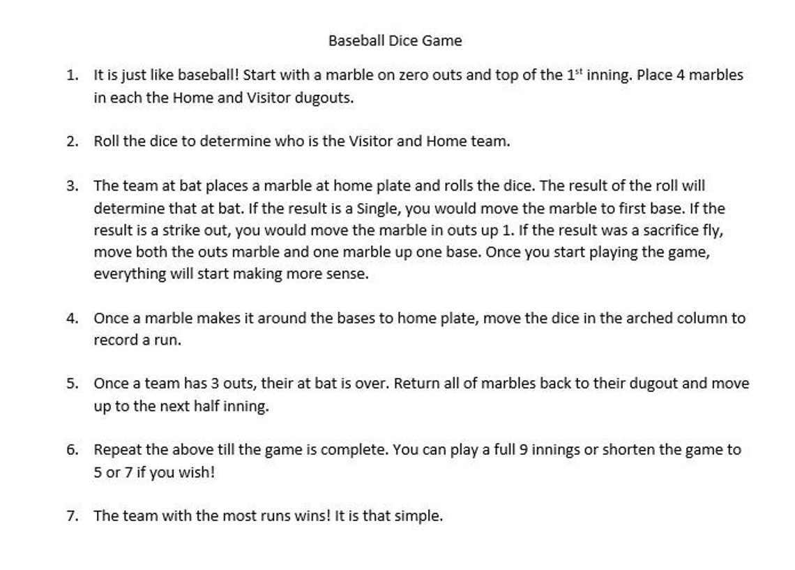 Custom Baseball Dice Board Game Dice and Marbles Board Game Etsy