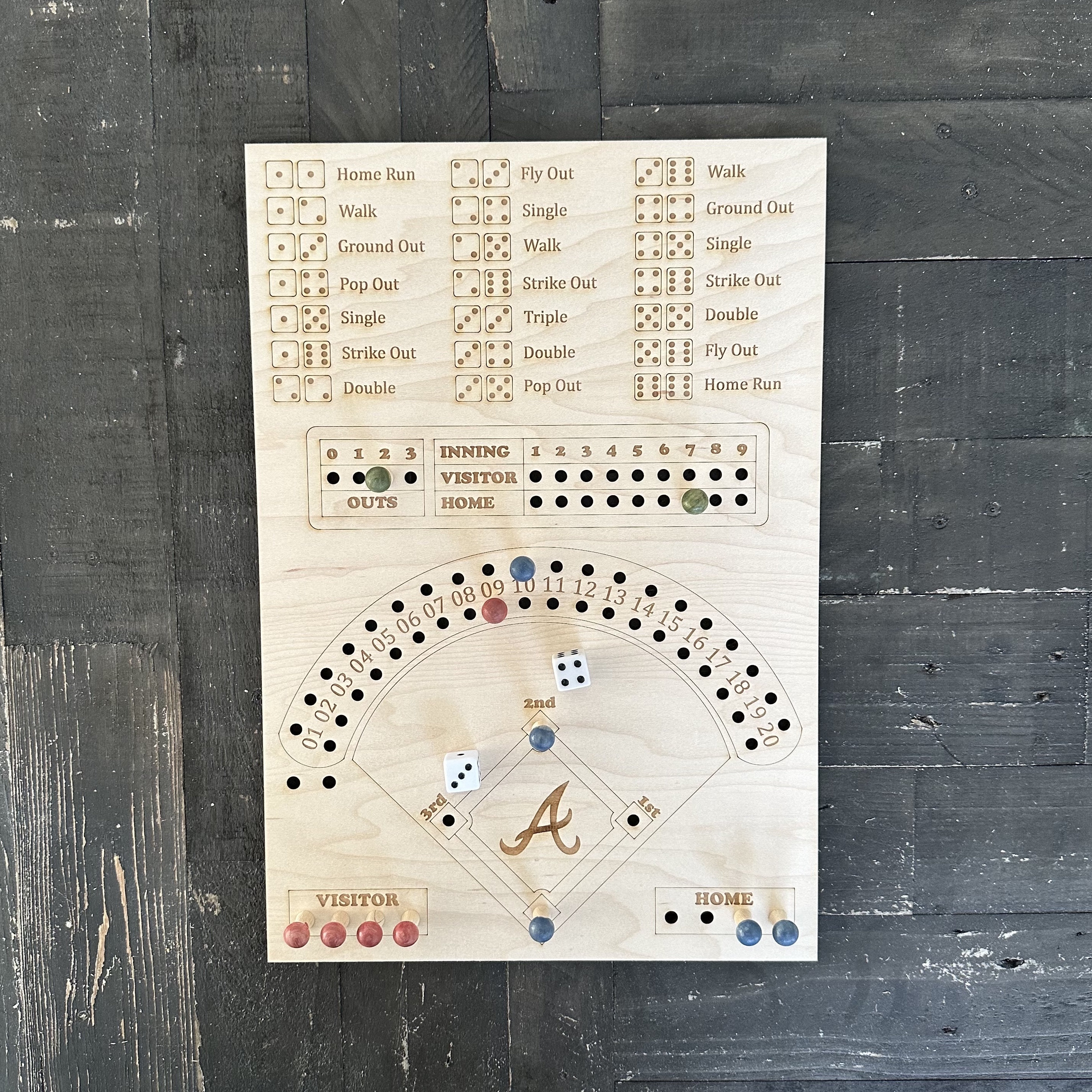 Custom Baseball Board Game Dice Baseball Game Night Family Fun Board Game Baseball Dice Board Game Dice and Pegs Baseball Game Wood Baseball