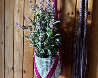 Bright Pink Macramé Plant Hanger | Handmade Boho Hanging Planter | Indoor Plant Holder with Tassel