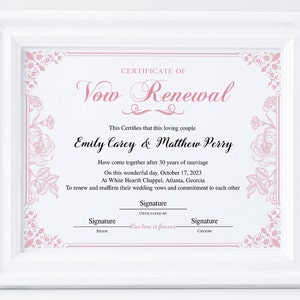 Vow Renewal Certificate, Printable Certificate of Vow Renewal, Editable Printable Wedding Certificate, Wedding Anniversary Keepsake, Corjl