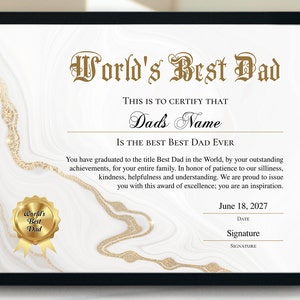 Best Dad Zertifikat Award der Welt, druckbare bearbeitbare Best Dad Award Zertifikat, Vatertag, Papa Geburtstag, personalisiertes Geschenk für Papa