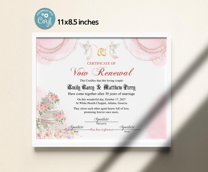 Editable Vow Renewal Certificate Template, Printable Wedding Vow Renewal Certificate, Printable Marriage Vows Keepsake, Vow Renewal Gift