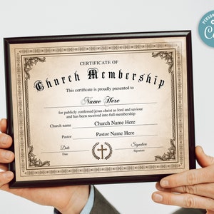Church Membership Certificate, 11x8.5 Printable Editable Certificate of Membership, New Member ...