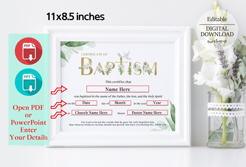 Floral Baby Baptism Certificate, 11x8.5 Baby Dedication Certificate ...