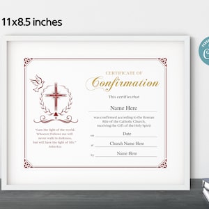 Confirmation Certificate, 11x8.5 Printable Editable Confirmation