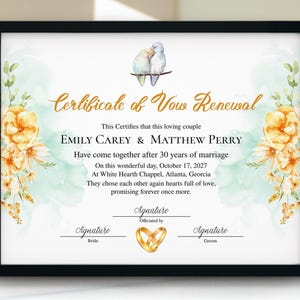 Plantilla de certificado de renovación de votos románticos, elegante recuerdo de matrimonio, certificado de renovación de votos matrimoniales, documento imprimible personalizable, bricolaje