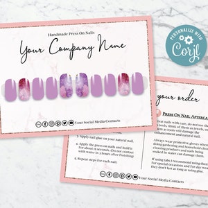 Press On Nail Sizing Kit, Press On Nail Packaging, Press On Nail Instruction Cards, Thank You Nail card, Pink and Gold Marble Template