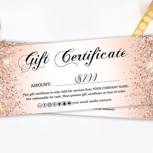 Plantilla de certificado de regalo de brillo rosa, vale de regalo imprimible para vacaciones, diseño de certificado de regalo de oro rosa, vale de regalo de salón de belleza, digital