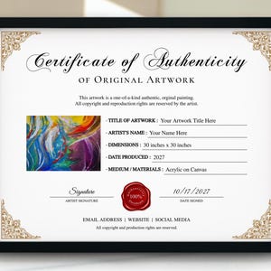 Certificado de autenticidad editable, certificado de autenticidad imprimible para obras de arte originales, plantilla de certificado de autenticidad COA