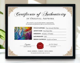 Editable Certificate of Authenticity, Printable Certificate of Authenticity for Original Artwork, Authenticity Certificate COA Template