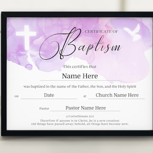 Certificado de Santo Bautismo 11x8.5, Descarga del certificado de bautismo de niña, bautismo digital, plantilla de certificado de bautismo editable, bautismo de la iglesia