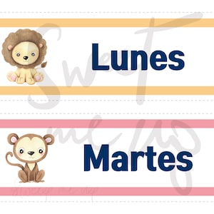 Días de la semana en español imprimibles, Días de la semana en español Safari Aula temática imprimible, Días de la semana en español Impresión de pegatinas