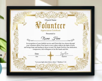 Volunteer Appreciation Certificate Template, Ministry Digital Volunteer Appreciation Award, Appreciation Certificate for Church Volunteers