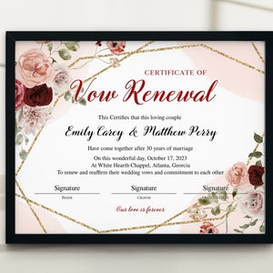 Vow Renewal Certificate Template, Editable Printable Wedding ...